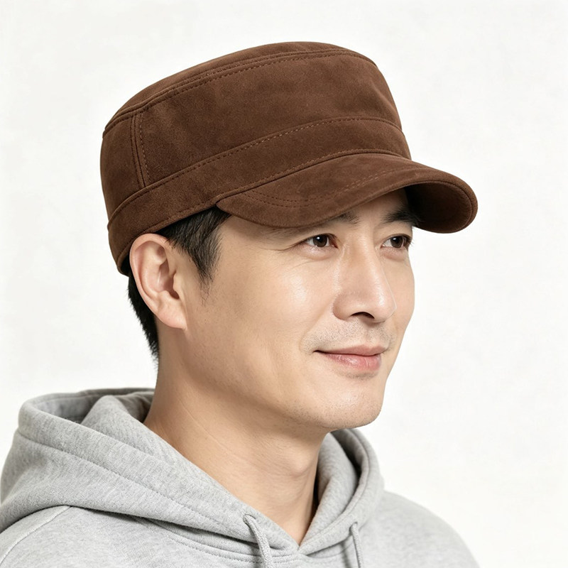 反绒羊皮平顶帽男士全封口鸭舌帽秋冬季防风保暖中老年人真皮帽子