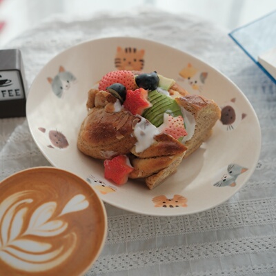 叶子手作手绘釉下彩餐具套组可爱猫咪送礼椭圆盘圆盘碗日式