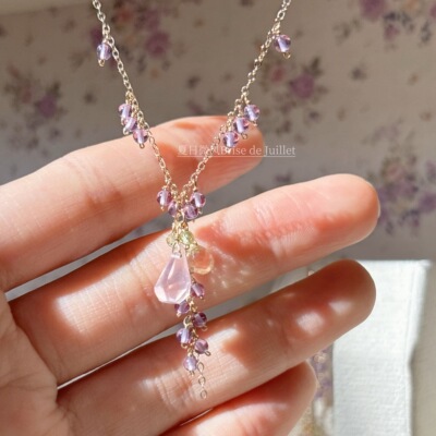 紫藤绝美紫水晶粉晶耳环包金小众