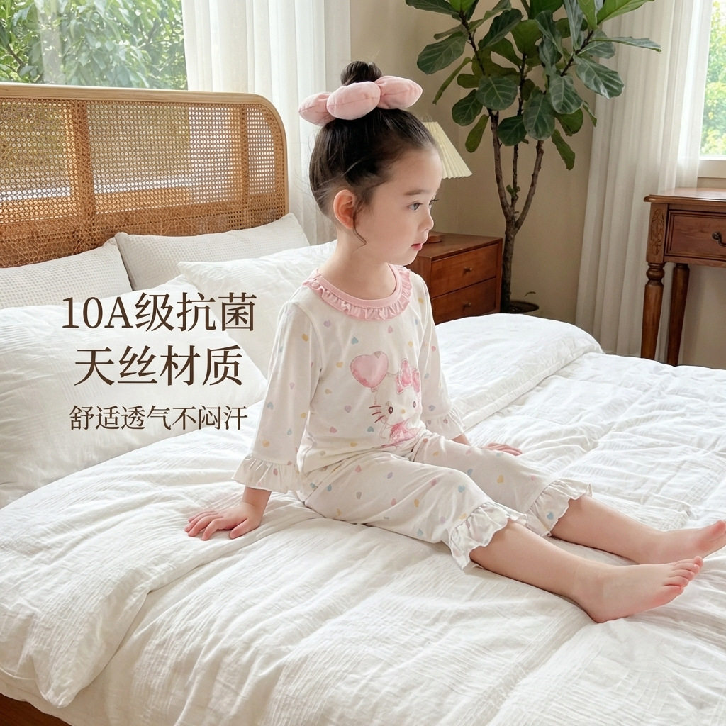 儿童睡衣女童夏季套装女宝宝天丝七分袖花边空调服薄款男童家居服