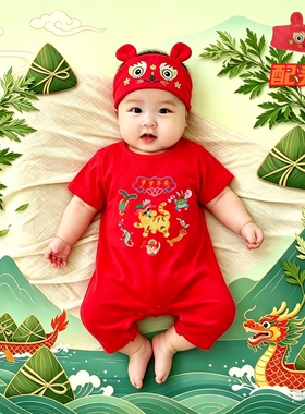 端午节宝宝五毒衣传统婴儿红色衣服老虎衣中国风夏季短袖连体衣
