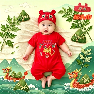 端午节宝宝五毒衣传统婴儿红色衣服老虎衣中国风夏季短袖连体衣