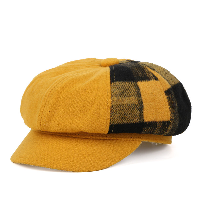 女士冬季帽子纯色格纹羊毛呢韩版潮复古时尚个性百搭八角帽