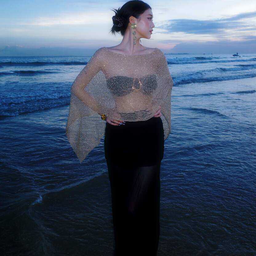 2026新款泳衣女显白性感比基尼装金针织罩衫披肩遮肉显瘦度假泳装