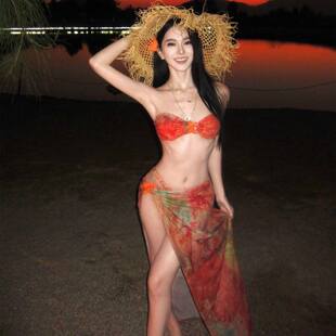 泰兰德三亚海边巨出片多巴胺穿搭性感绝美橙色比基尼套装温泉泳衣