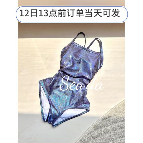 紫蟒泳衣女士紫色亮闪连体泳衣微胖游泳馆低叉专业竞速带胸垫双层