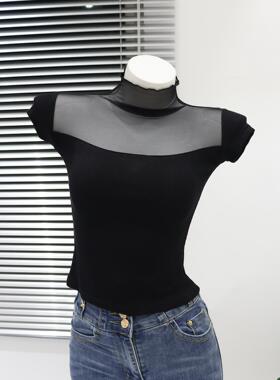 黑色微透网纱拼接短袖t恤女夏季性感辣妹短款修身显瘦薄款上衣潮