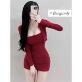 性感纯欲风紧身红色吊带短裙长袖 两件套秋冬辣妹显身材包臀裙 开衫
