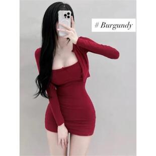 性感纯欲风紧身红色吊带短裙长袖开衫两件套秋冬辣妹显身材包臀裙