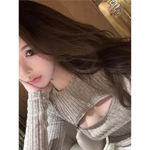 韩系姐姐*奶FuFu燕麦灰*少女性感柔软可拉拉链圆领针织长袖打底衫