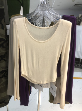 薄款微透针织棉锁骨T恤彩色内搭弧形下摆垫肩上衣U领紧身小衫