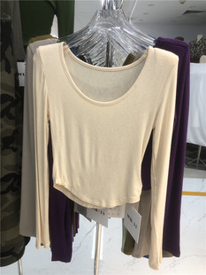 薄款 微透针织棉锁骨T恤彩色内搭弧形下摆垫肩上衣U领紧身小衫
