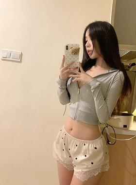 51STUDIO自制 灰色纯欲紧身显胸性感拉链薄款连帽短款开衫小外套