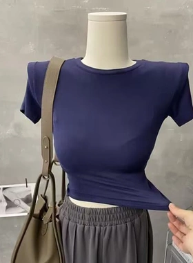 柔软舒适修身短袖弹力深蓝色t恤女紧身短款藏蓝色藏青色上衣薄款