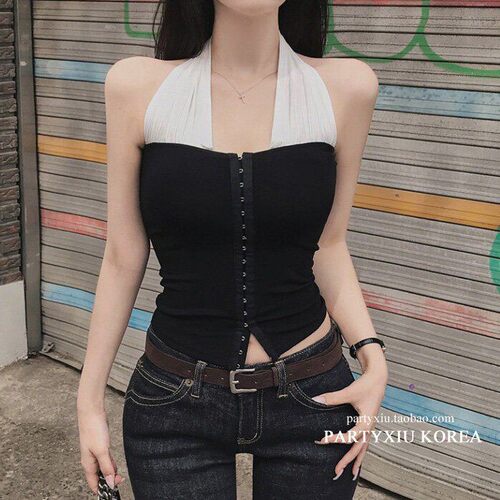 韩国女装女人味十足配色挂颈修身百搭吊带背心6424