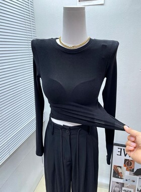 51STUDIO自制薄款微透圆领长袖t恤女短款紧身性感内搭打底衫上衣