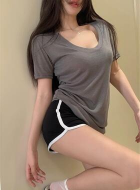 纯欲u领宽松垂感基础上衣女装夏季2023新款灰色莫代尔显瘦短袖T恤