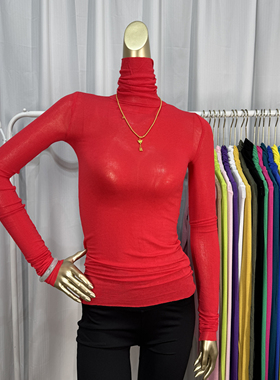 红色高级感~柔软基础款高领打底衫女长袖T恤修身纯色韩版上衣秋冬