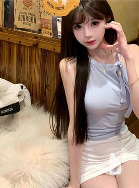 51STUDIO自制 纯欲性感微透天蓝色系带挂脖露肩小吊带背心女上衣