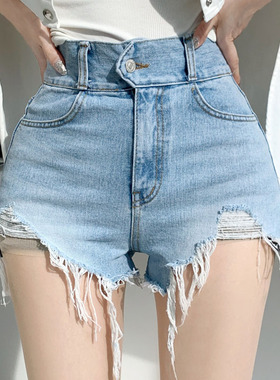 51STUDIO自制 当天发 夏QZ667不挑腿型~浅青色高腰磨破牛仔短裤ue