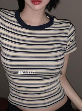 51STUDIO自制 自留 LX172复古撞色条纹~减龄女人味修身短袖T恤at