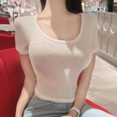 正品 值得入 QN168女人味性感U领显身材 韩国代购 微透短袖 T恤se