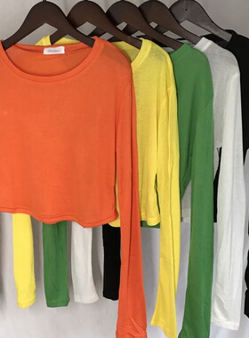当天发 韩国女装正品 甜美浅橘色 性感修身短款长袖T恤TK826囡dl