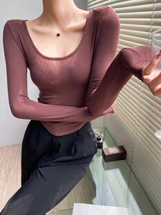 性感的毫不费力~薄款微透大圆领长袖T恤女紧身显胸大打底衫上衣秋
