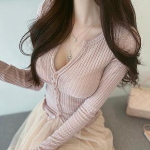 51STUDIO自制 小开衫 YL259温柔粉色 薄款 性感开领显胸修身 当天发