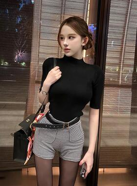 51STUDIO自制 黑色微弹韩系上衣紧身半高领打底衫女五分袖正肩