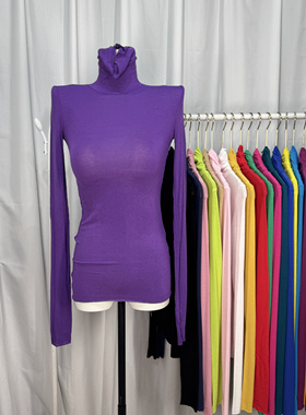 紫色薄款高领内搭打底衫女2025新款高级感堆堆领今年流行上衣