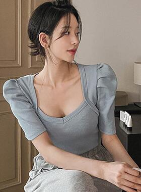 韩国代购正品 QM623简约雾霾蓝 性感露锁骨女人味蓬蓬短袖T恤ms