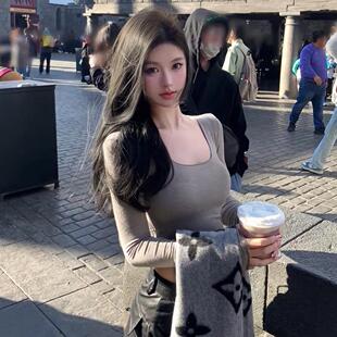 显瘦微透显身材短款 掐腰U领打底上衣修身 T恤女 长袖 纸片人2.0薄款