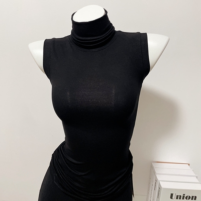 无袖修身纯色高领气质上衣t恤