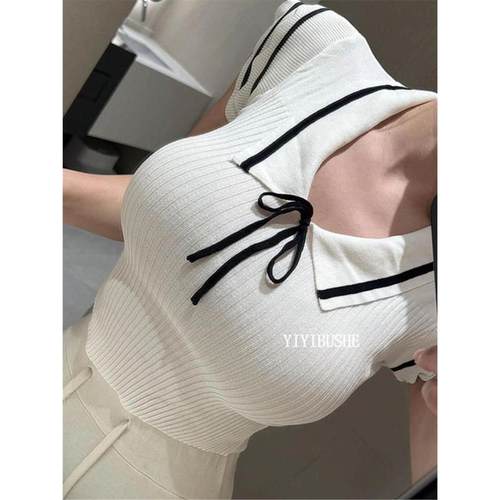 51STUDIO自制 LM362韩系学院风~性感翻领紧身短袖针织T恤上衣dd