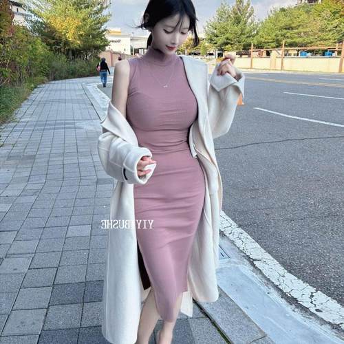 当天发 51STUDIO自制 LE172~显身材半高领开叉长款无袖连衣裙se