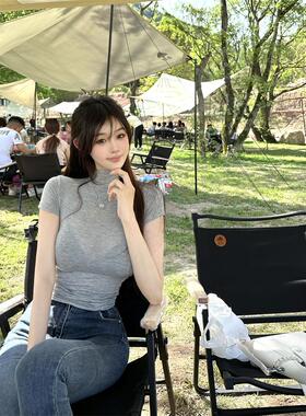 别致甜辣很仙的上衣韩系纯欲气质灰色弹力紧身显身材高领短袖T恤