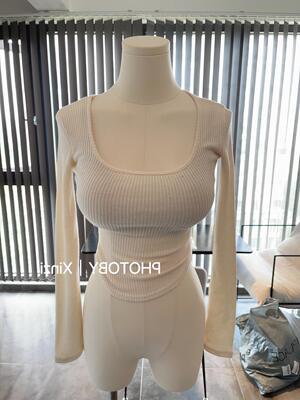 现货！51STUDIO自制新款方领细螺纹不规则长袖紧身打底衫体恤