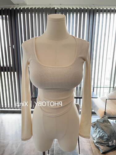 现货！51STUDIO自制新款方领细螺纹不规则长袖紧身打底衫体恤