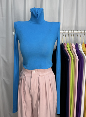 湖蓝色薄款微透基础款堆堆领打底衫女高领长袖T恤紧身内搭上衣秋