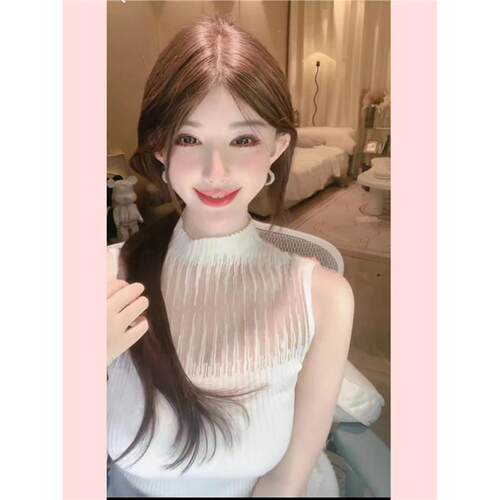 51STUDIO自制 纯欲网纱拼接针织打底衫女高领小背心修身内搭上衣