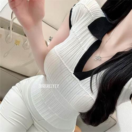 51STUDIO自制 LL003欧尼私服~性感显身材撞色翻领紧身短袖针织T恤