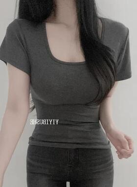 51STUDIO自制PL235高级感纯欲风 ins超火显瘦白色方领正肩掐腰t恤