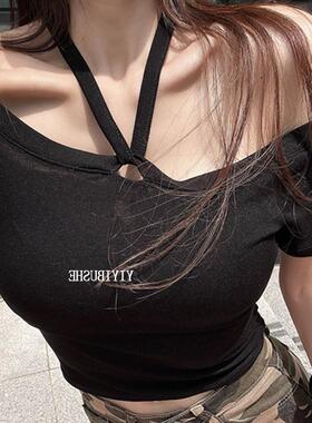 51STUDIO自制 LB379性感显身材~女人味挂脖露肩黑色紧身短袖T恤iy