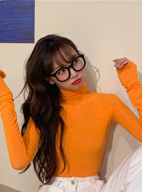 韩国风ins亮色橙色橘色纯色基础款百搭高领显瘦打底衫上衣女秋冬