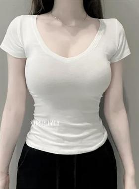 当天发51STUDIO自制PL030自留真喜欢 纯欲白色V领显身材短袖T恤女