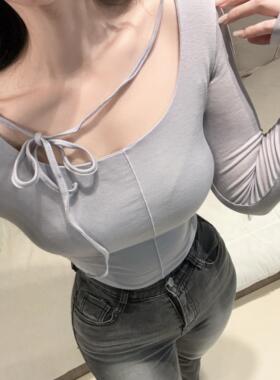 现货51STUDIO自制T恤女清冷紫色系带长袖大领短款性感体恤秋新款t