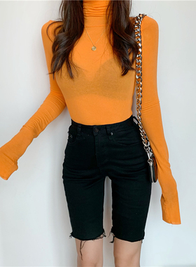 秋冬显白橘色高领打底衫女2019洋气内搭长袖微透桔橙色堆堆领T恤