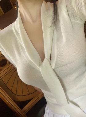 51STUDIO自制 QF818乖巧乳白色  女人味飘带设计修身中袖针织衫se