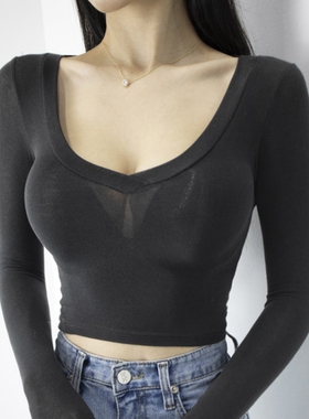 不入会哭 你值得拥有 YS138舒适好穿~性感微透V领紧身黑色短款T恤